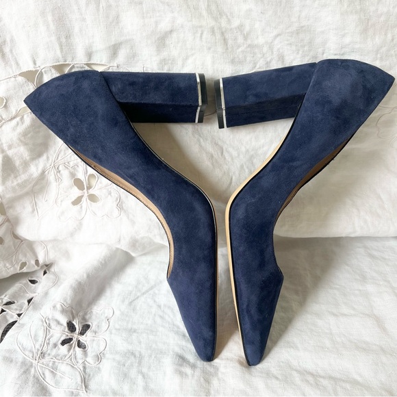 WHBM Elisa Officer Pumps Blue Suede Pointed Toe Heels - Picture 9 of 11